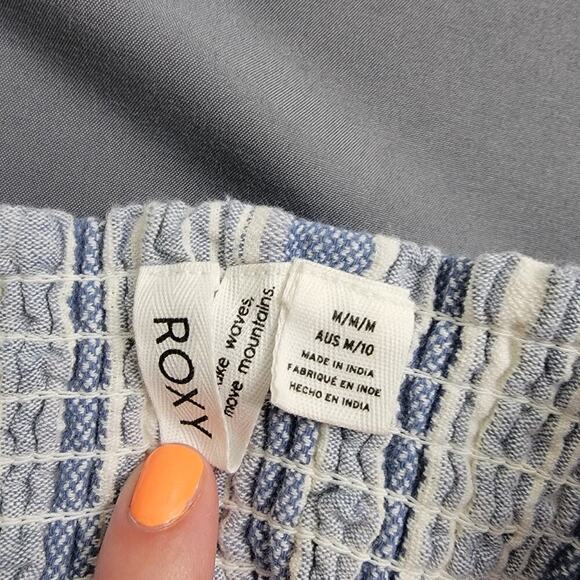 Roxy Striped Mini Dress M Tie Front Pockets Wood Buttons Coastal Chic - Picture 6 of 8